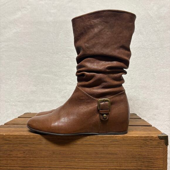 Stuart Weitzman Rugerio Brown Leather Slouch Boots Buckle Hidden Wedge Size 7 - Picture 3 of 12